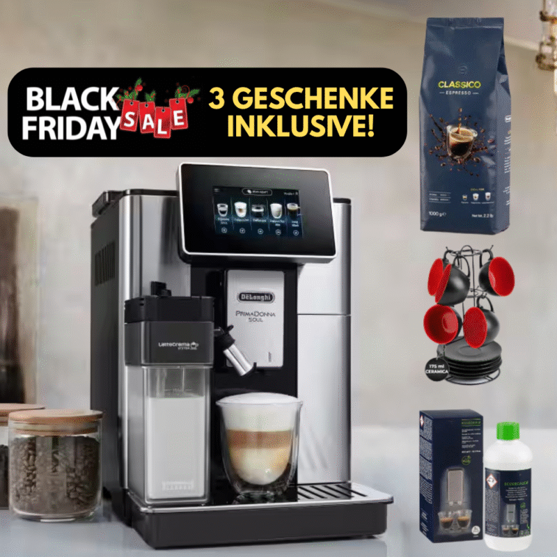 De'Longhi PrimaDonna + 3 FREEBIES! (1 kg Kaffee – Set mit 5 Tassen – Entkalker)